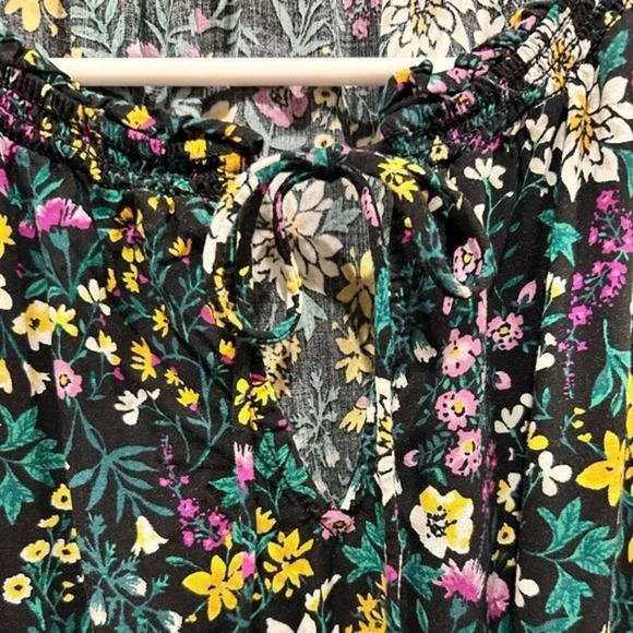 Old Navy Flutter Sleeves Black‎ Floral Dress Green Yellow Purple Flowers Large - Picture 5 of 6